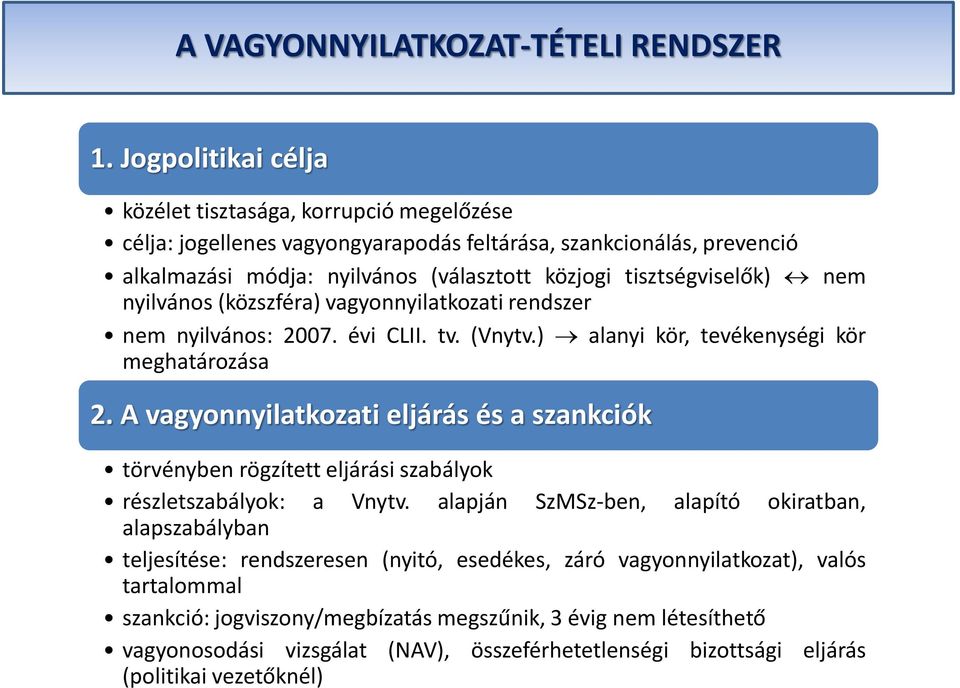 nem nyilvános (közszféra) vagyonnyilatkozati rendszer nem nyilvános: 2007. évi CLII. tv. (Vnytv.) alanyi kör, tevékenységi kör meghatározása 2.