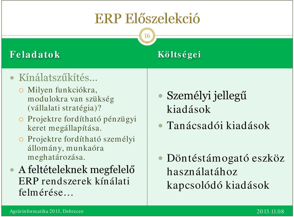 Projektre fordítható személyi állomány, munkaóra meghatározása.