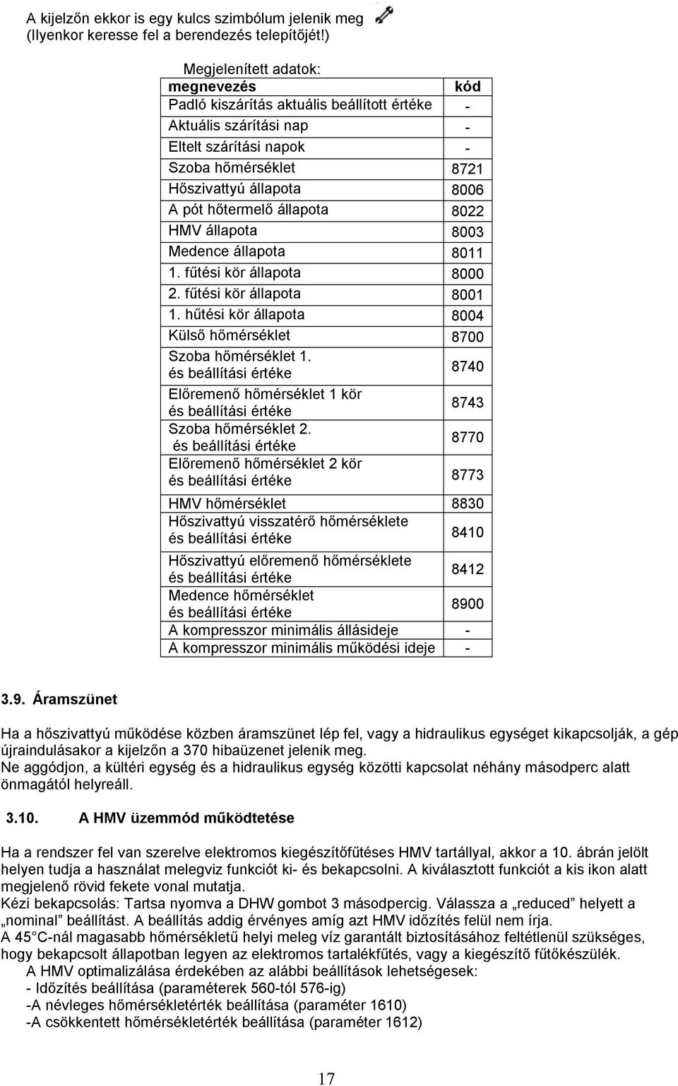 állapota 8022 HMV állapota 8003 Medence állapota 8011 1. fűtési kör állapota 8000 2. fűtési kör állapota 8001 1. hűtési kör állapota 8004 Külső hőmérséklet 8700 Szoba hőmérséklet 1.