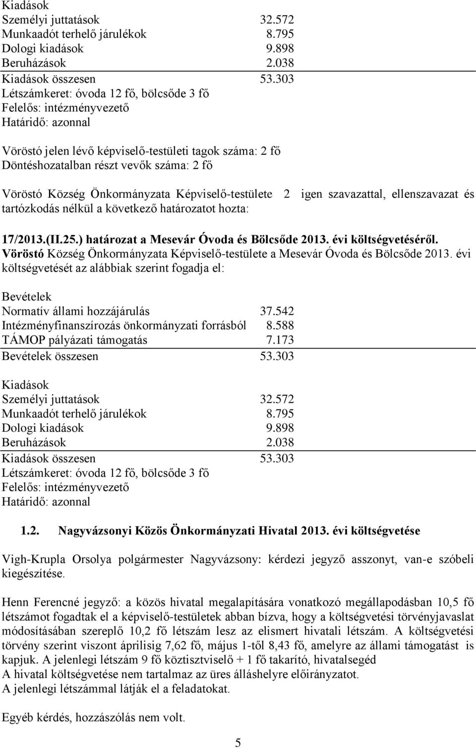 Község Önkormányzata Képviselő-testülete 2 igen szavazattal, ellenszavazat és 17/2013.(II.25.) határozat a Mesevár Óvoda és Bölcsőde 2013. évi költségvetéséről.