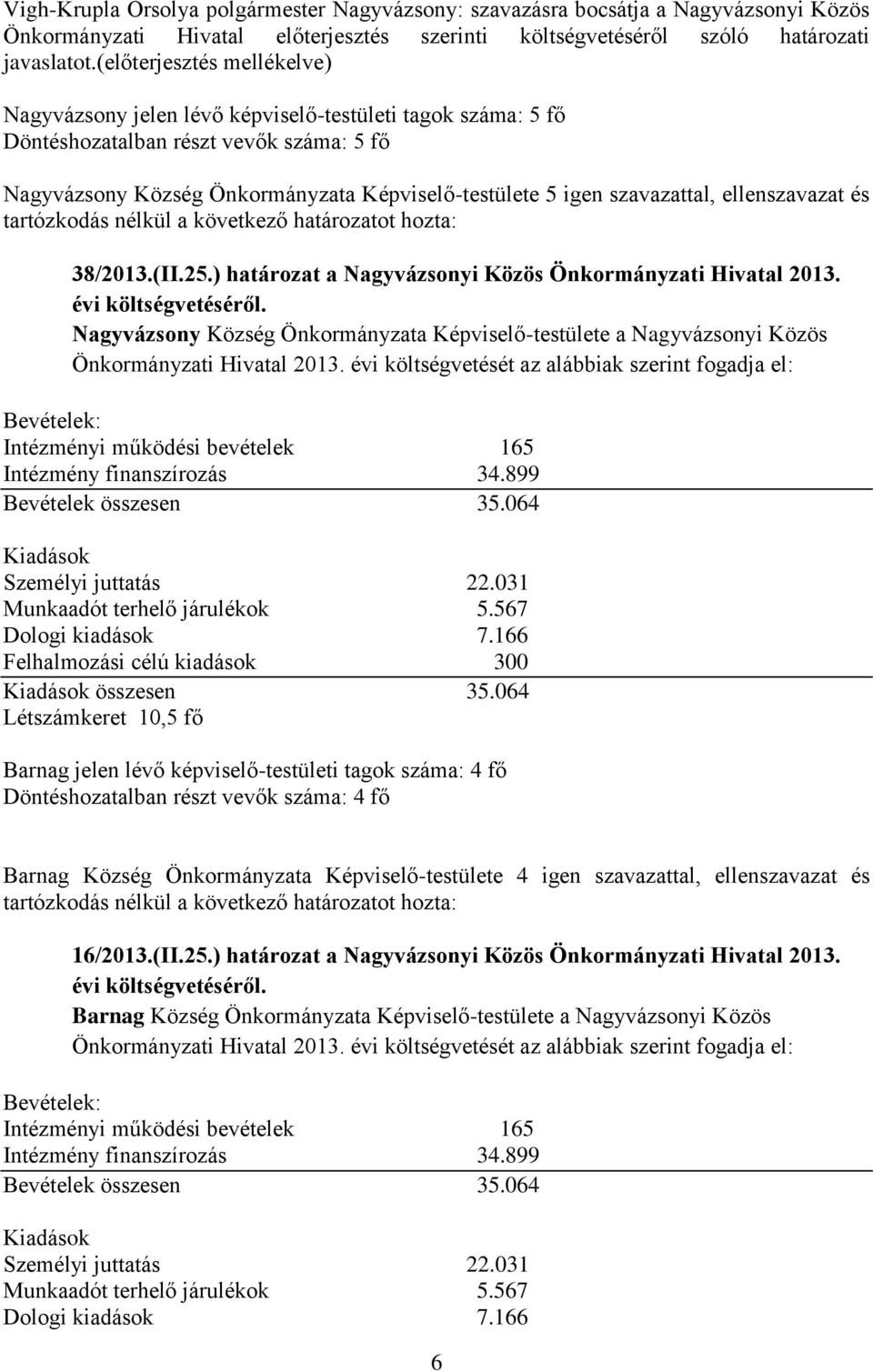 ) határozat a Nagyvázsonyi Közös Önkormányzati Hivatal 2013. évi költségvetéséről. Nagyvázsony Község Önkormányzata Képviselő-testülete a Nagyvázsonyi Közös Önkormányzati Hivatal 2013.