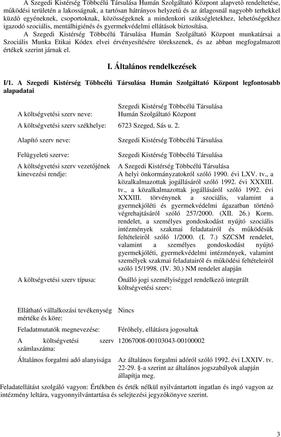 A Szegedi Kistérség Többcélú Társulása Humán Szolgáltató Központ munkatársai a Szociális Munka Etikai Kódex elvei érvényesítésére törekszenek, és az abban megfogalmazott értékek szerint járnak el. I.