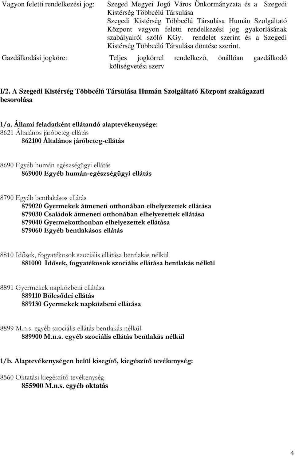 Gazdálkodási jogköre: Teljes jogkörrel rendelkezı, önállóan gazdálkodó költségvetési szerv I/2. A Szegedi Kistérség Többcélú Társulása Humán Szolgáltató Központ szakágazati besorolása 1/a.