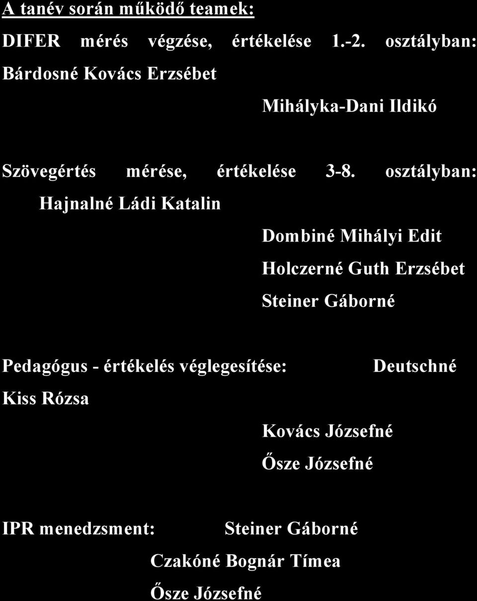 osztályban: Hajnalné Ládi Katalin Dombiné Mihályi Edit Holczerné Guth Erzsébet Steiner Gáborné