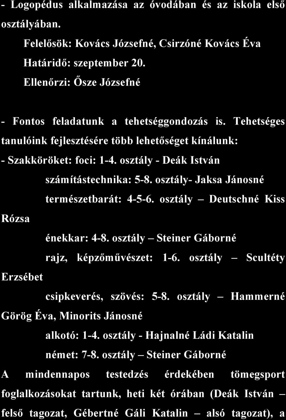 osztály- Jaksa Jánosné természetbarát: 4-5-6. osztály Deutschné Kiss Rózsa énekkar: 4-8. osztály Steiner Gáborné rajz, képzőművészet: 1-6. osztály Scultéty Erzsébet csipkeverés, szövés: 5-8.