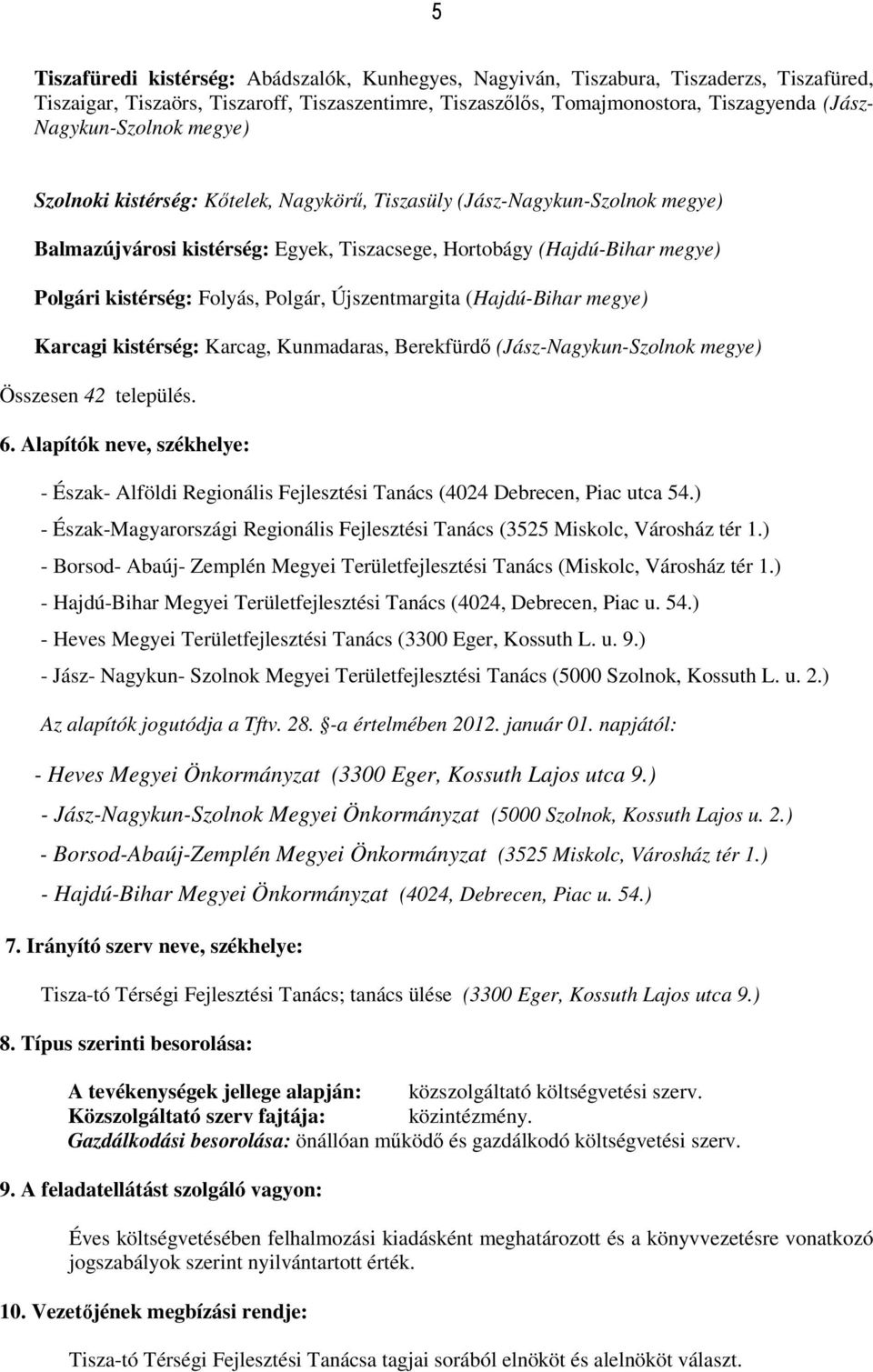 Folyás, Polgár, Újszentmargita (Hajdú-Bihar megye) Karcagi kistérség: Karcag, Kunmadaras, Berekfürdő (Jász-Nagykun-Szolnok megye) Összesen 42 település. 6.