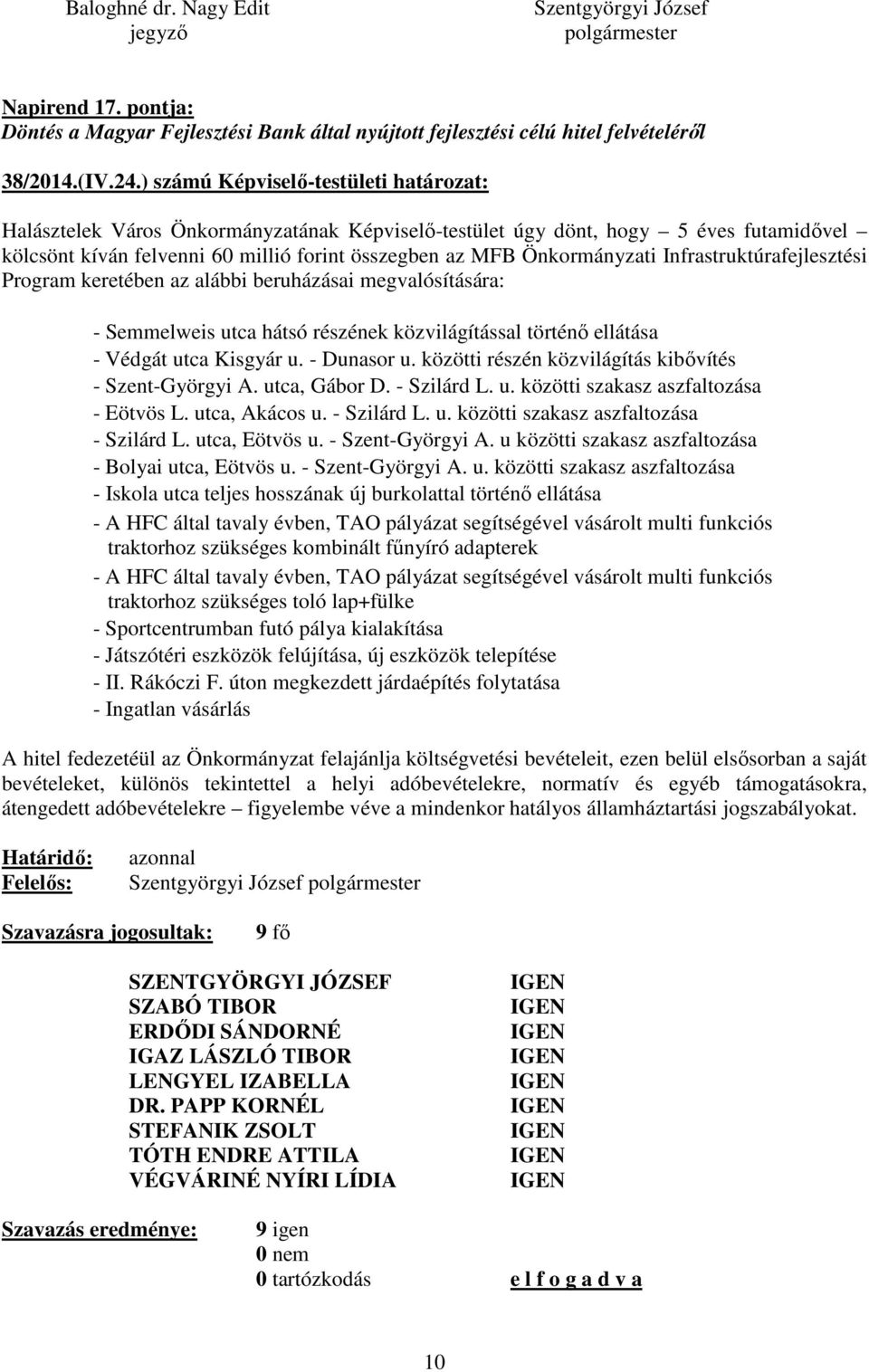 Infrastruktúrafejlesztési Program keretében az alábbi beruházásai megvalósítására: - Semmelweis utca hátsó részének közvilágítással történő ellátása - Védgát utca Kisgyár u. - Dunasor u.