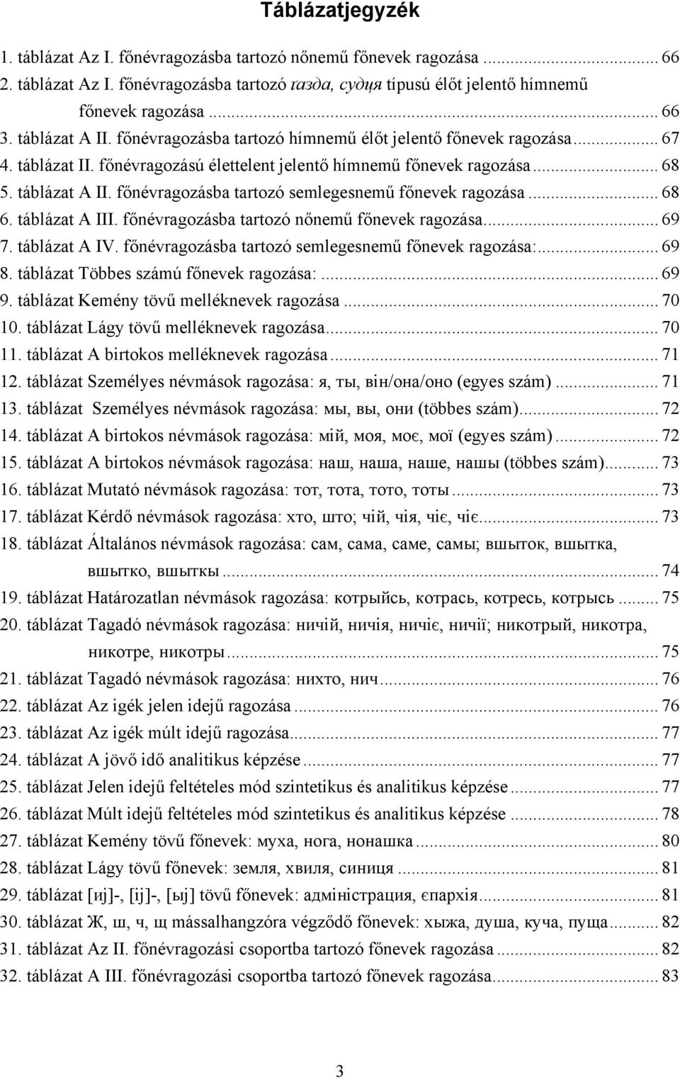 főnévragozásba tartozó semlegesnemű főnevek ragozása... 68 6. táblázat A III. főnévragozásba tartozó nőnemű főnevek ragozása... 69 7. táblázat A IV.