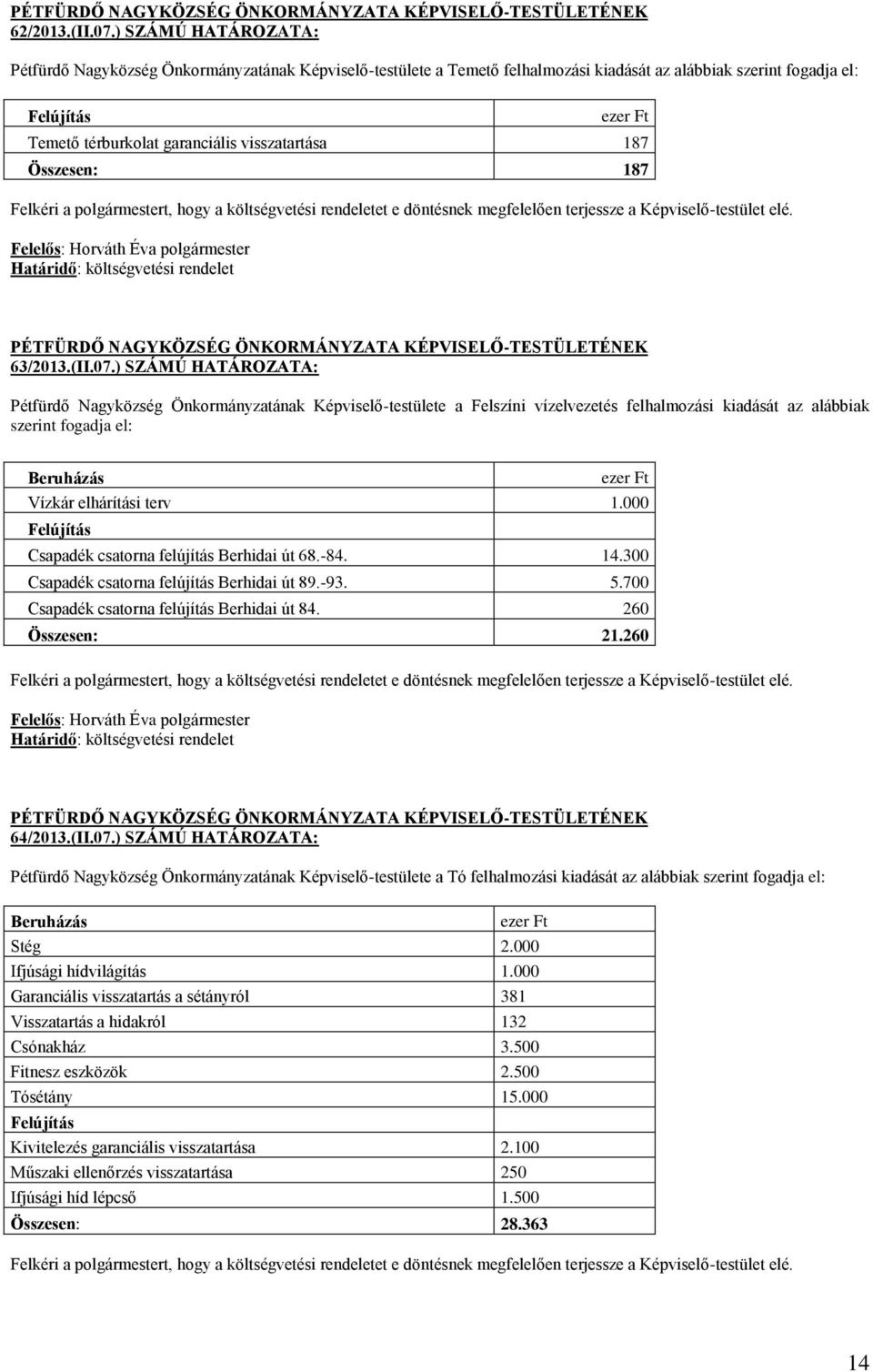 visszatartása 187 Összesen: 187 Felkéri a polgármestert, hogy a költségvetési rendeletet e döntésnek megfelelően terjessze a Képviselő-testület elé. Határidő: költségvetési rendelet 63/2013.(II.07.