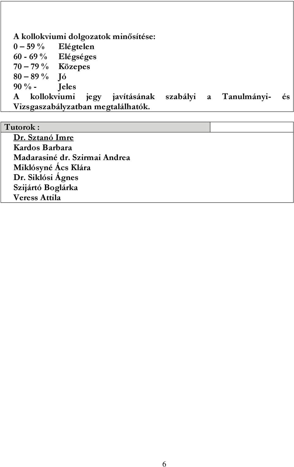 és Vizsgaszabályzatban megtalálhatók. Tutorok : Dr.