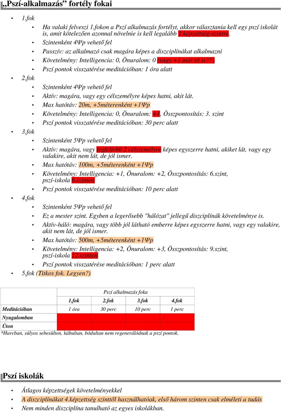 ?) Pszí pontok visszatérése meditációban: 1 óra alatt 2.fok Szintenként 4Ψp vehető fel Aktív: magára, vagy egy célszemélyre képes hatni, akit lát.