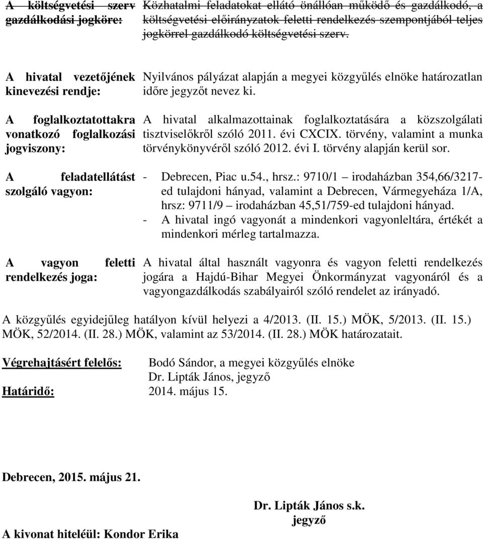 A hivatal vezetőjének kinevezési rendje: A foglalkoztatottakra vonatkozó foglalkozási jogviszony: A feladatellátást szolgáló vagyon: A vagyon feletti rendelkezés joga: Nyilvános pályázat alapján a