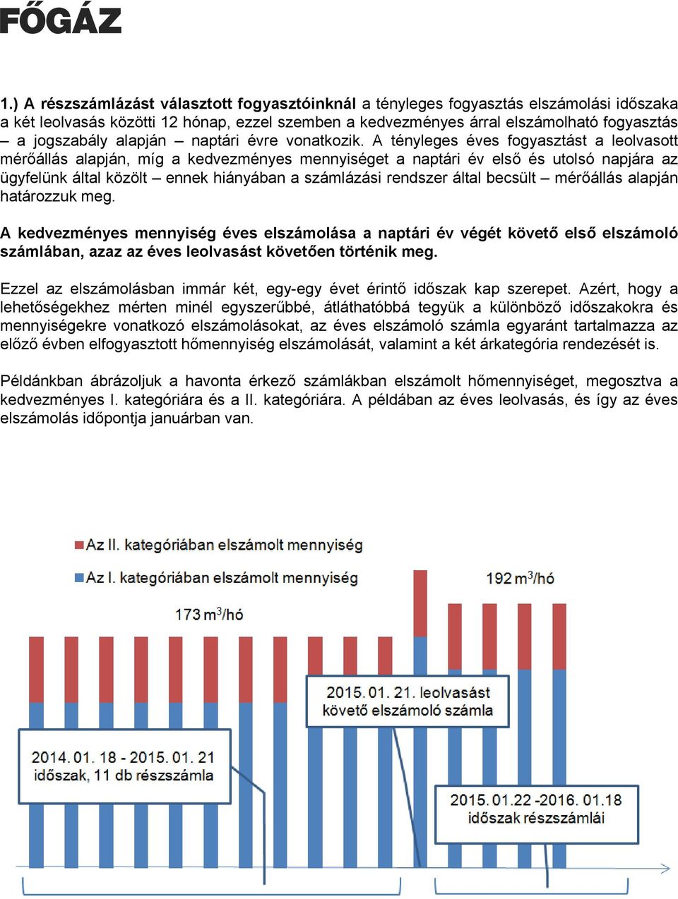 A tényleges éves fogyasztást a leolvasott mérőállás alapján, míg a kedvezményes mennyiséget a naptári év első és utolsó napjára az ügyfelünk által közölt ennek hiányában a számlázási rendszer által