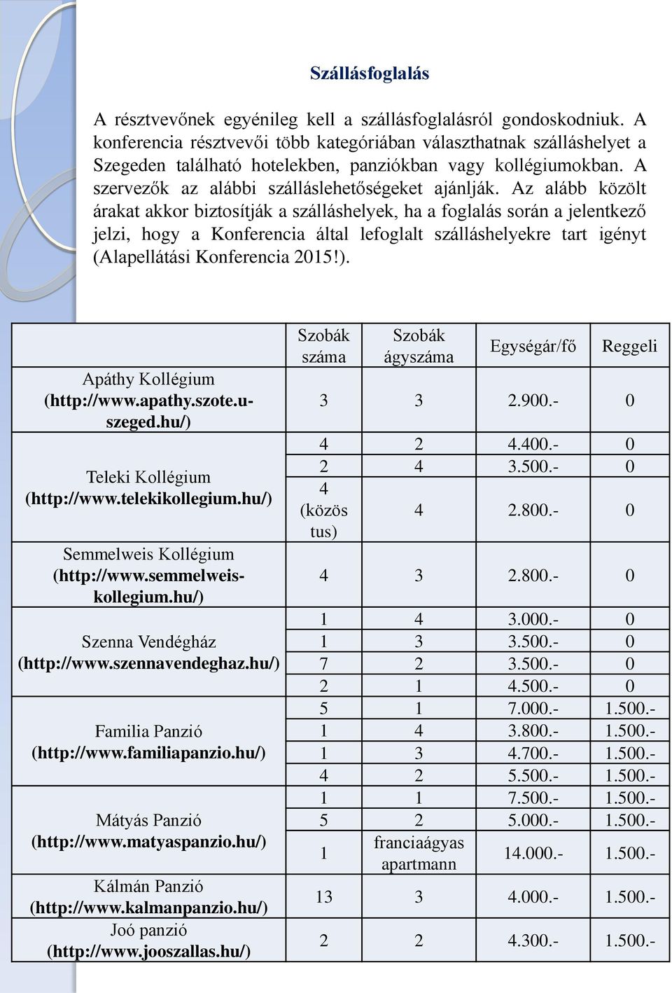 Az alább közölt árakat akkor biztosítják a szálláshelyek, ha a foglalás során a jelentkező jelzi, hogy a Konferencia által lefoglalt szálláshelyekre tart igényt (Alapellátási Konferencia 2015!).