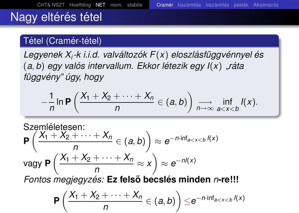 Ekkor létezik egy I(x) ráta függvény úgy, hogy 1 n ln P ( X1 + X 2 + + X n n ) (a, b) n inf I(x).