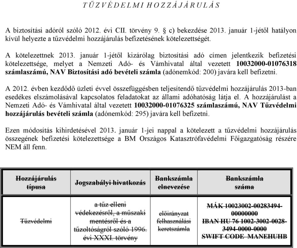 január 1-jétől kizárólag biztosítási adó címen jelentkezik befizetési kötelezettsége, melyet a Nemzeti Adó- és Vámhivatal által vezetett 10032000-01076318 számú, NAV Biztosítási adó bevételi