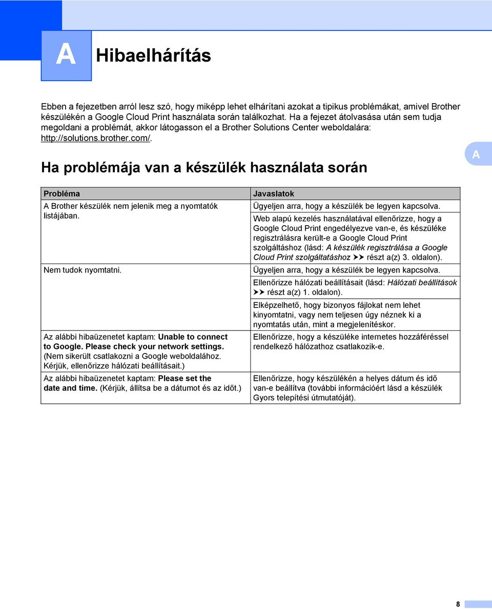 Ha problémája van a készülék használata során A Probléma A Brother készülék nem jelenik meg a nyomtatók listájában. Nem tudok nyomtatni. Az alábbi hibaüzenetet kaptam: Unable to connect to Google.