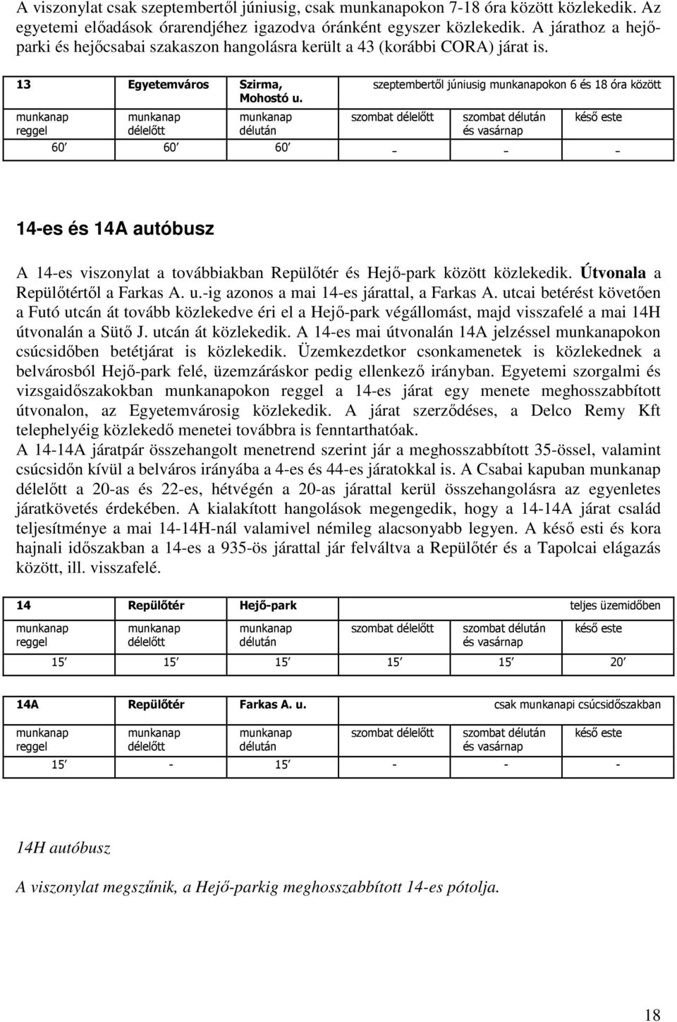 reggel délelőtt délután szeptembertől júniusig okon 6 és 18 óra között szombat délelőtt szombat délután és vasárnap késő este 60 60 60 - - - 14-es és 14A autóbusz A 14-es viszonylat a továbbiakban