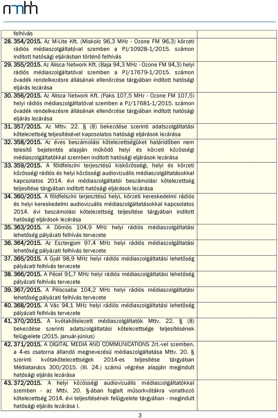 számon óvadék rendelkezésre állásának ellenőrzése tárgyában indított hatósági eljárás lezárása 30. 356/2015. Az Alisca Network Kft.