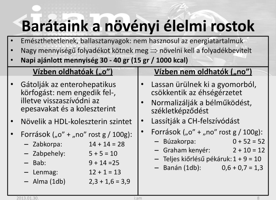 a HDL-koleszterin szintet Források ( o + no rost g / 100g): Zabkorpa: 14 + 14 = 28 Zabpehely: 5 + 5 = 10 Bab: 9 + 14 =25 Lenmag: 12 + 1 = 13 Alma (1db) 2,3 + 1,6 = 3,9 Lassan ürülnek ki a gyomorból,