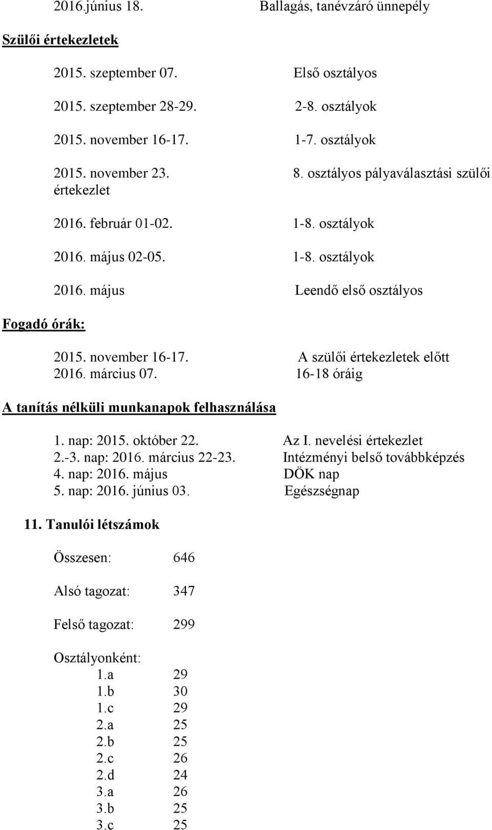 A szülői értekezletek előtt 2016. március 07. 16-18 óráig A tanítás nélküli munkanapok felhasználása 1. nap: 2015. október 22. Az I. nevelési értekezlet 2.-3. nap: 2016. március 22-23.