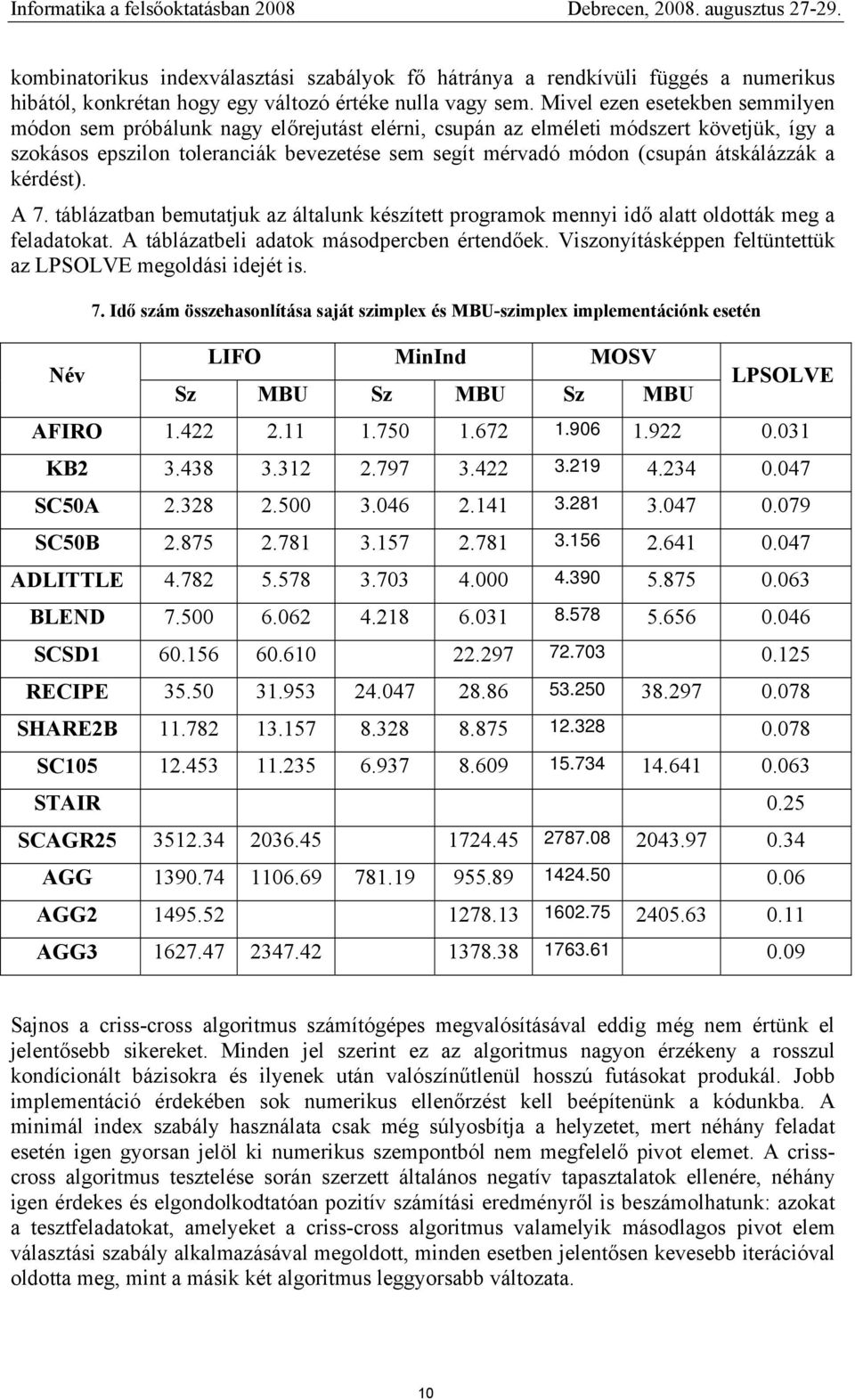 átskálázzák a kérdést). A 7. táblázatban bemutatjuk az általunk készített programok mennyi idő alatt oldották meg a feladatokat. A táblázatbeli adatok másodpercben értendőek.