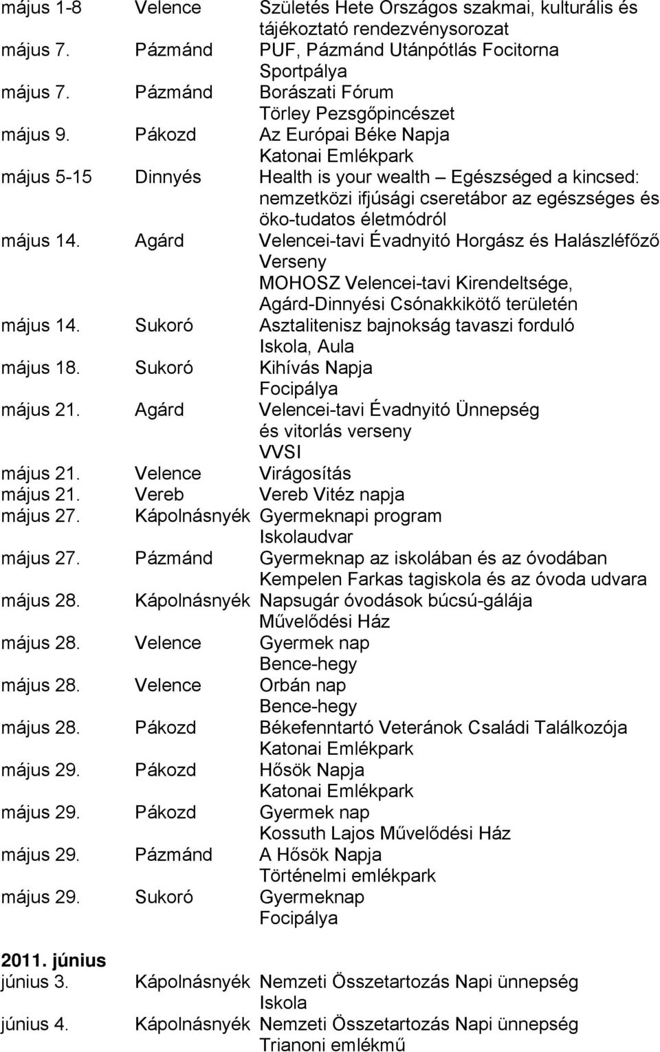 Pákozd Az Európai Béke Napja május 5-15 Dinnyés Health is your wealth Egészséged a kincsed: nemzetközi ifjúsági cseretábor az egészséges és öko-tudatos életmódról május 14.