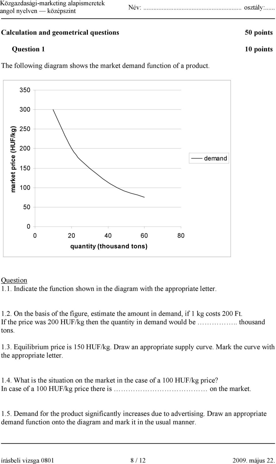 If the price was 200 HUF/kg then the quantity in demand would be.. thousand tons. 1.3. Equilibrium price is 150 HUF/kg. Draw an appropriate supply curve. Mark the curve with the appropriate letter. 1.4.