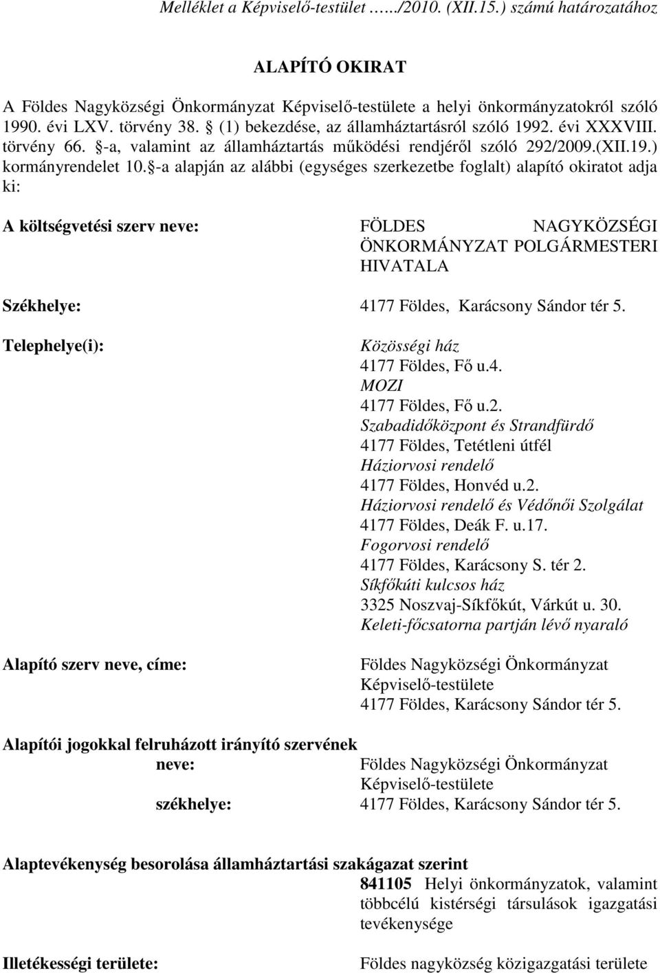 -a alapján az alábbi (egységes szerkezetbe foglalt) alapító okiratot adja ki: A költségvetési szerv neve: FÖLDES NAGYKÖZSÉGI ÖNKORMÁNYZAT POLGÁRMESTERI HIVATALA Székhelye: 4177 Földes, Karácsony