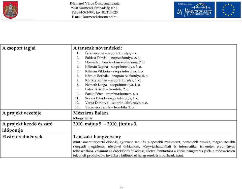 Németh Kinga szopránfurulya, 1. o. 9. Pataki Kristóf trombita, 2. o. 10. Pataki Péter trombita/kornett, 4. o. 11. Svajda Dávid szopránfurulya, 1. o. 12. Varga Dorottya szoprán /altfurulya, 4. o. 13.