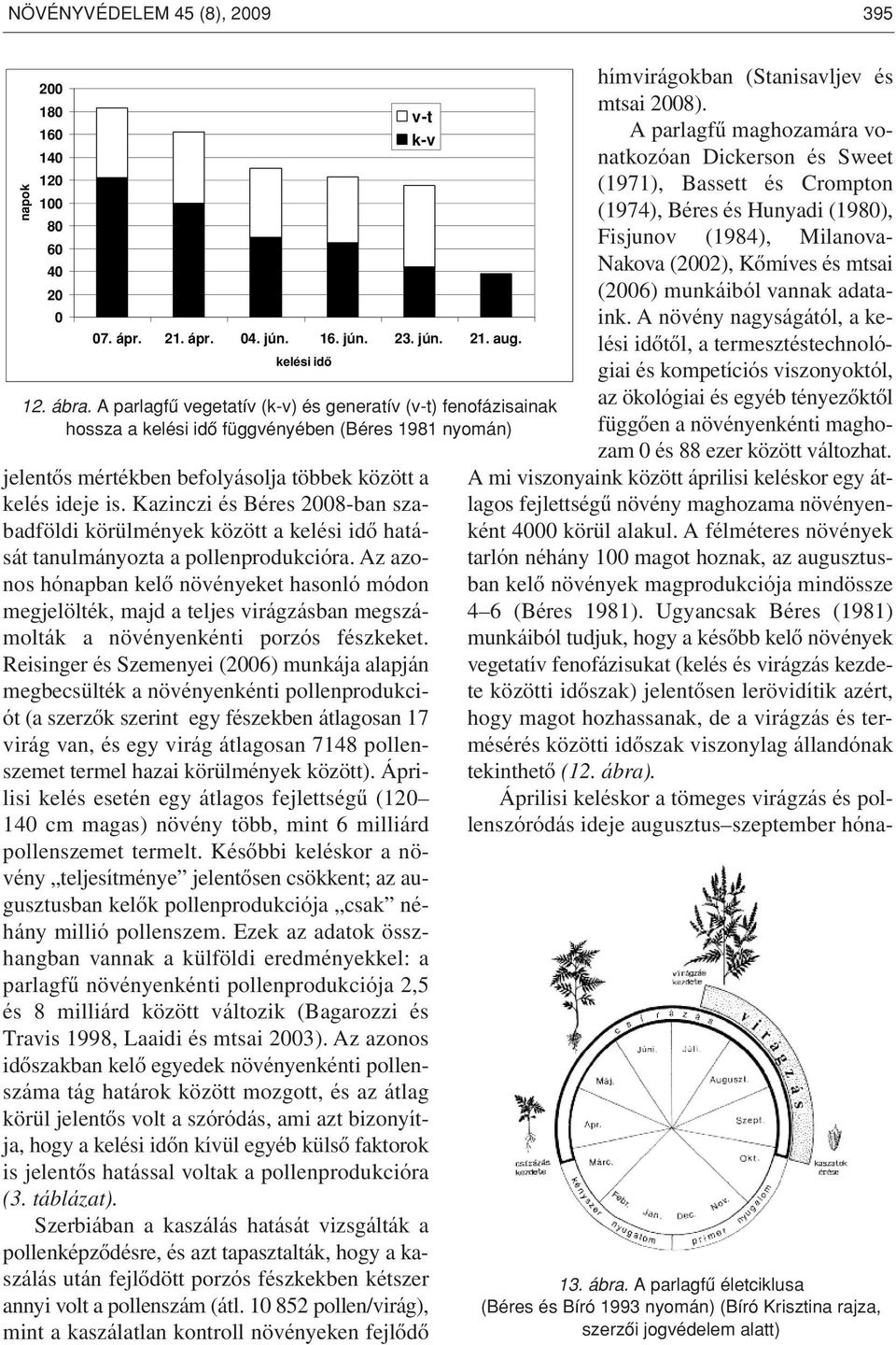 Kazinczi és Béres 2008-ban szabadföldi körülmények között a kelési idô hatását tanulmányozta a pollenprodukcióra.
