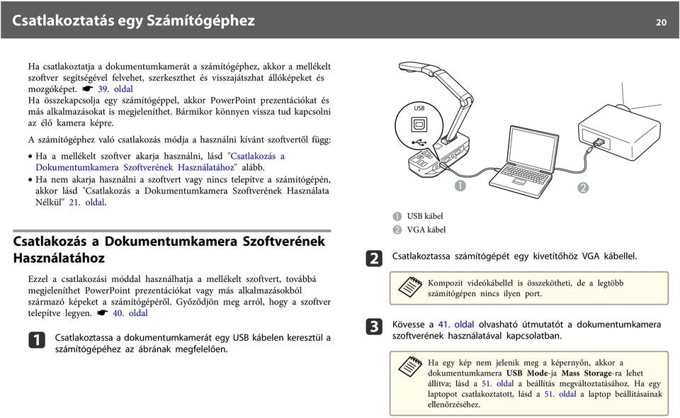 A számítógéphez vló cstlkozás módj hsználni kívánt szoftvertől függ: H mellékelt szoftver krj hsználni, lásd "Cstlkozás Dokumentumkmer Szoftverének Hsználtához" lább.