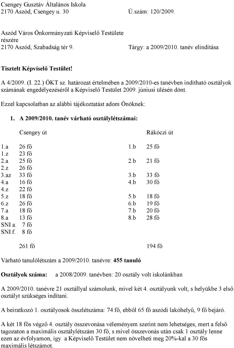 júniusi ülésén dönt. Ezzel kapcsolatban az alábbi tájékoztatást adom Önöknek: 1. A 2009/2010. tanév várható osztálylétszámai: Csengey út Rákóczi út 1.a 26 fı 1.b 25 fı 1.z 23 fı 2.a 25 fı 2.b 21 fı 2.