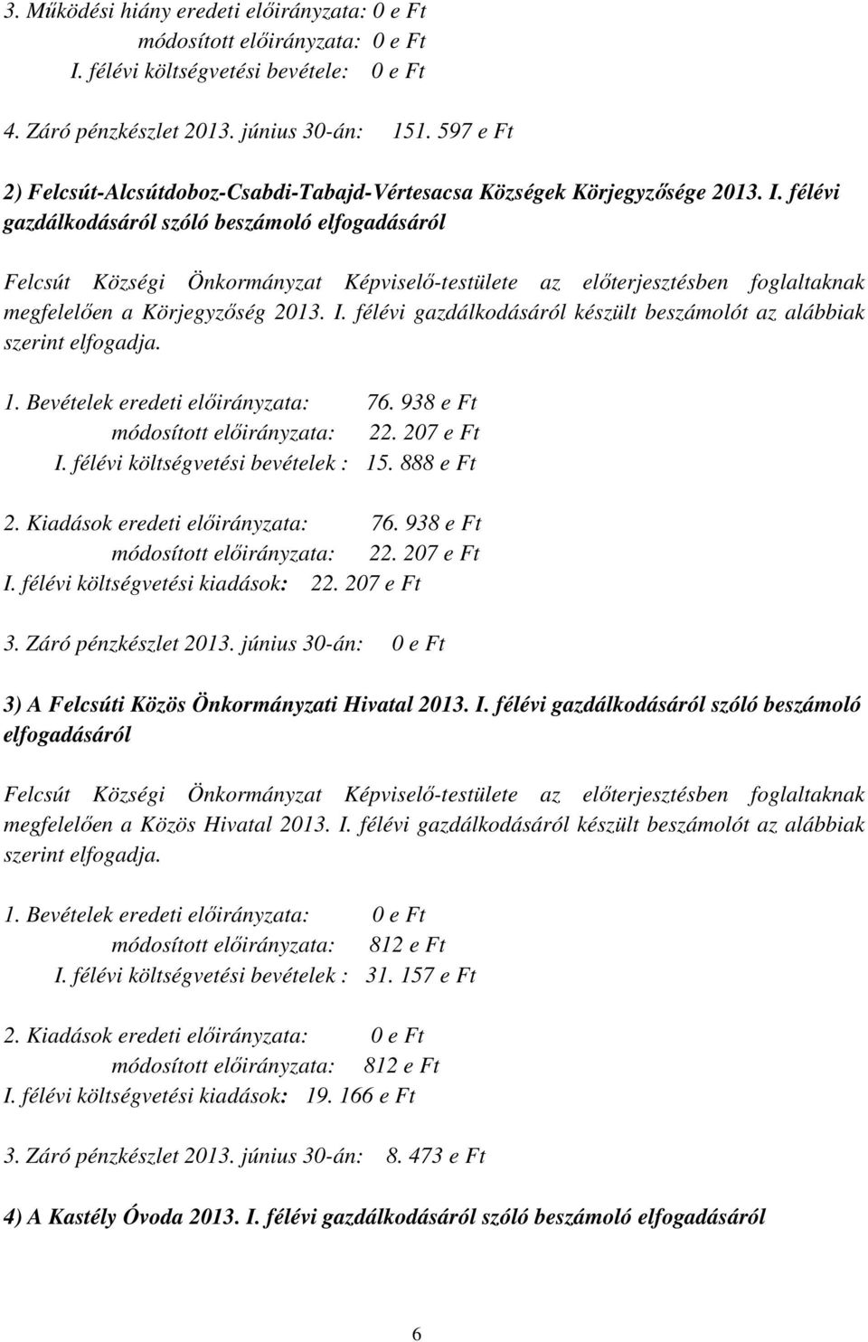 félévi gazdálkodásáról szóló beszámoló elfogadásáról Felcsút Községi Önkormányzat Képviselő-testülete az előterjesztésben foglaltaknak megfelelően a Körjegyzőség 2013. I.