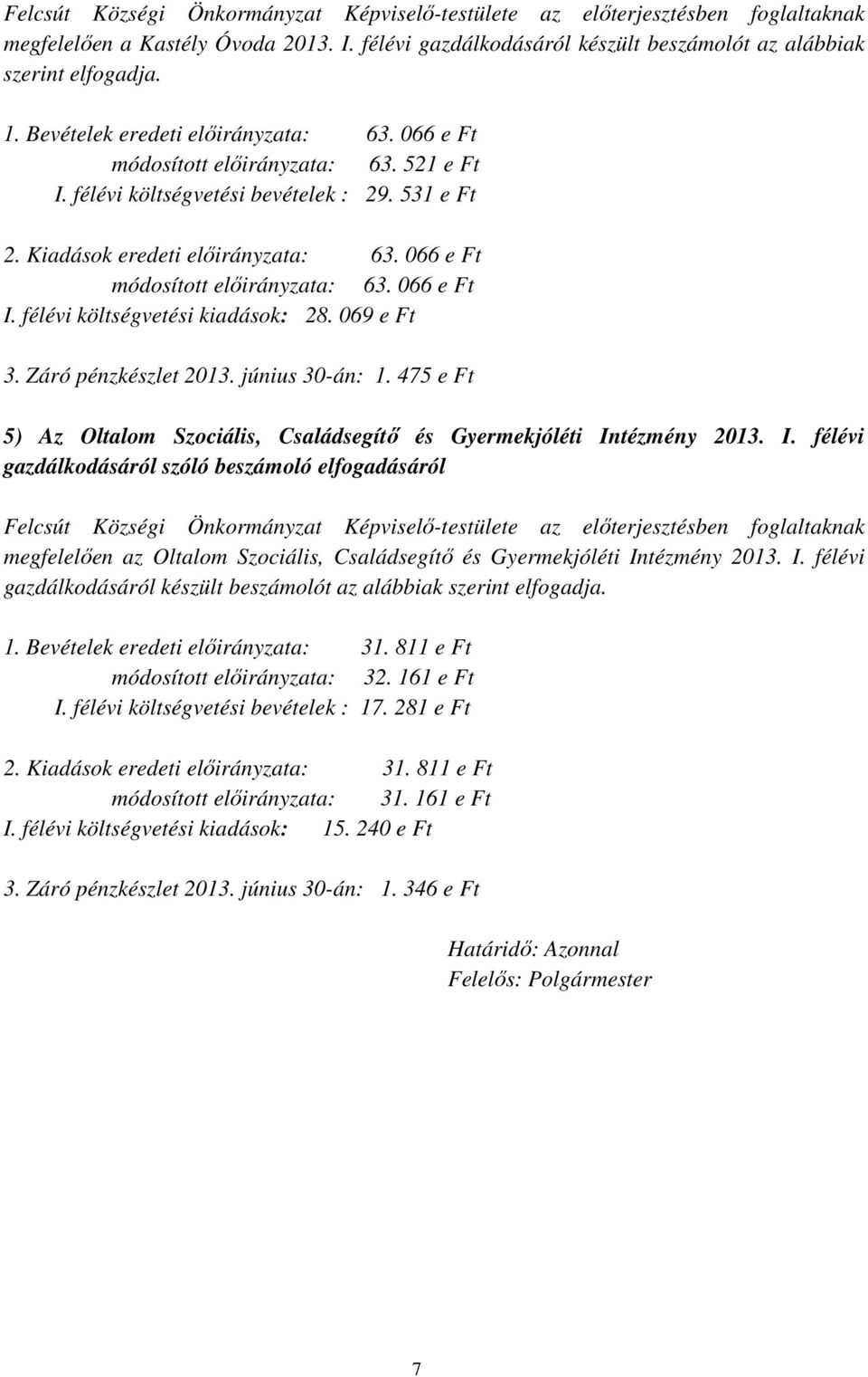 066 e Ft módosított előirányzata: 63. 066 e Ft I. félévi költségvetési kiadások: 28. 069 e Ft 3. Záró pénzkészlet 2013. június 30-án: 1.