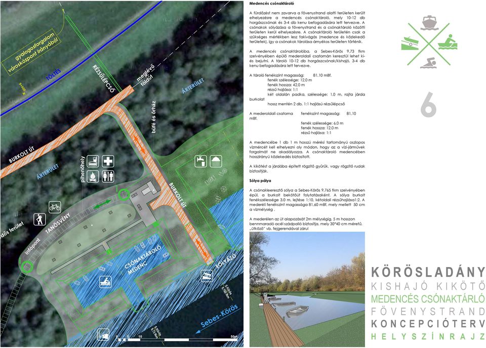 Körö 9,765 fkm ebe-körö 5 1 5m A fürdőt nem zavarva a fövenytrand aatti terüeten kerüt eheyere a medencé cónaktároó, mey 1-12 db horgázcónak é 3-4 db kenu befogadáára ett tervezve.