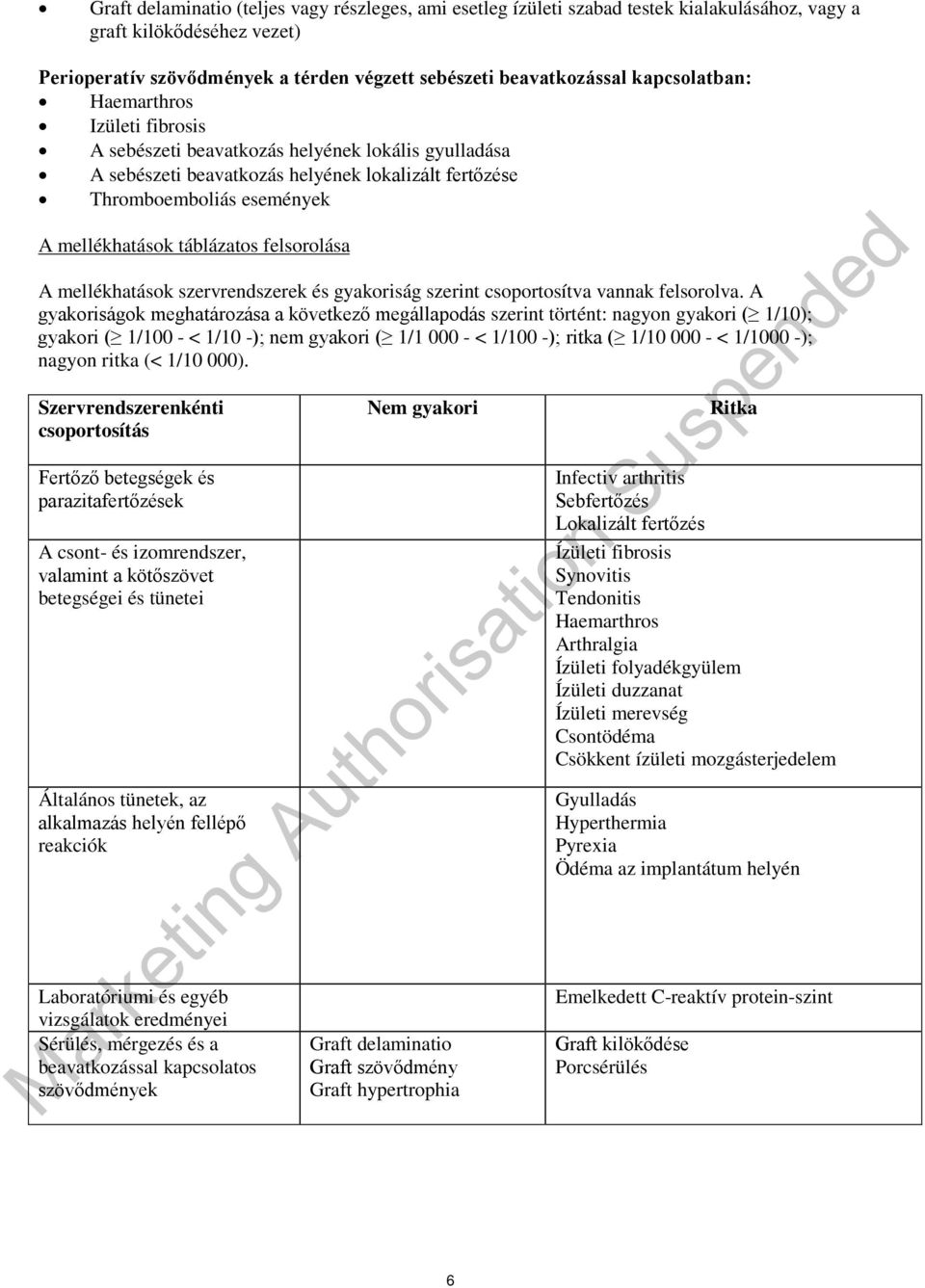 táblázatos felsorolása A mellékhatások szervrendszerek és gyakoriság szerint csoportosítva vannak felsorolva.
