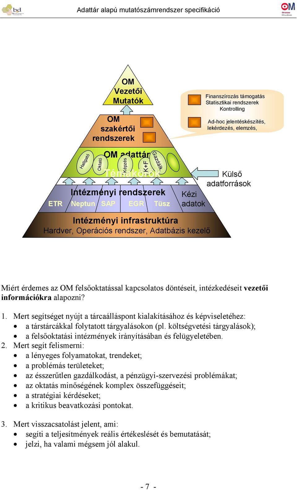 Adatbázis kezelő Miért érdemes az OM felsőoktatással kapcsolatos döntéseit, intézkedéseit vezetői információkra alapozni? 1.