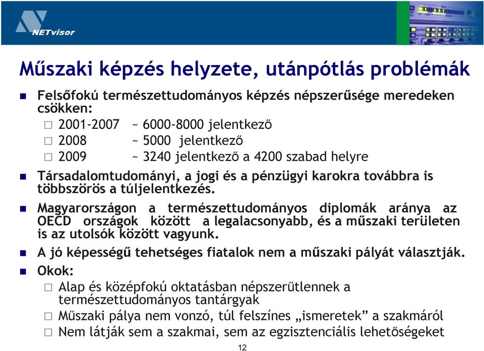 Magyarországon a természettudományos diplomák aránya az OECD országok között a legalacsonyabb, és a mőszaki területen is az utolsók között vagyunk.