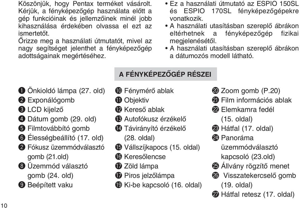 A használati utasításban szereplõ ábrákon eltérhetnek a fényképezõgép fizikai megjelenésétõl. A használati utasításban szereplõ ábrákon a dátumozós modell látható.