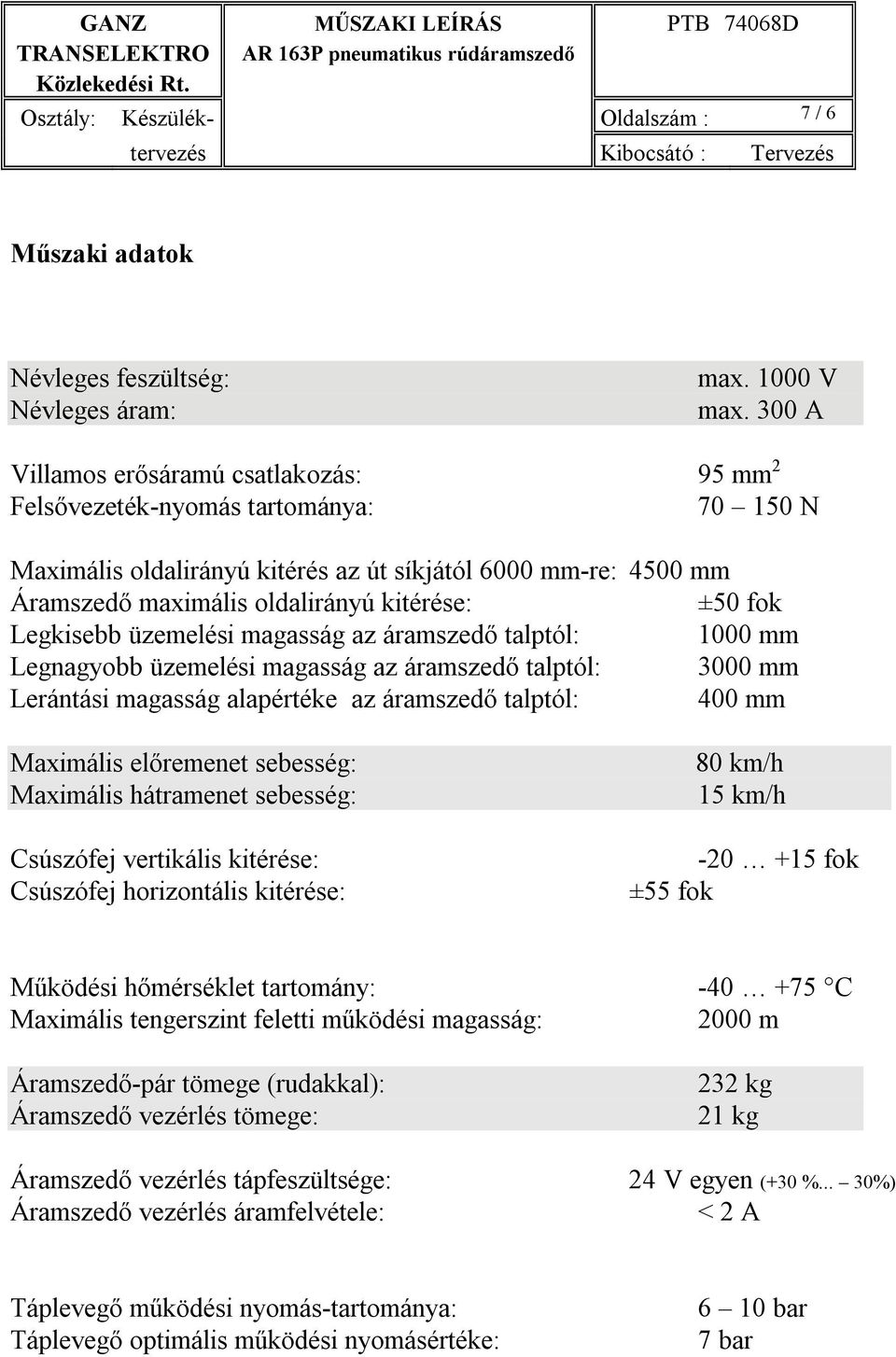 fok Legkisebb üzemelési magasság az áramszedő talptól: 1000 mm Legnagyobb üzemelési magasság az áramszedő talptól: 3000 mm Lerántási magasság alapértéke az áramszedő talptól: 400 mm Maximális