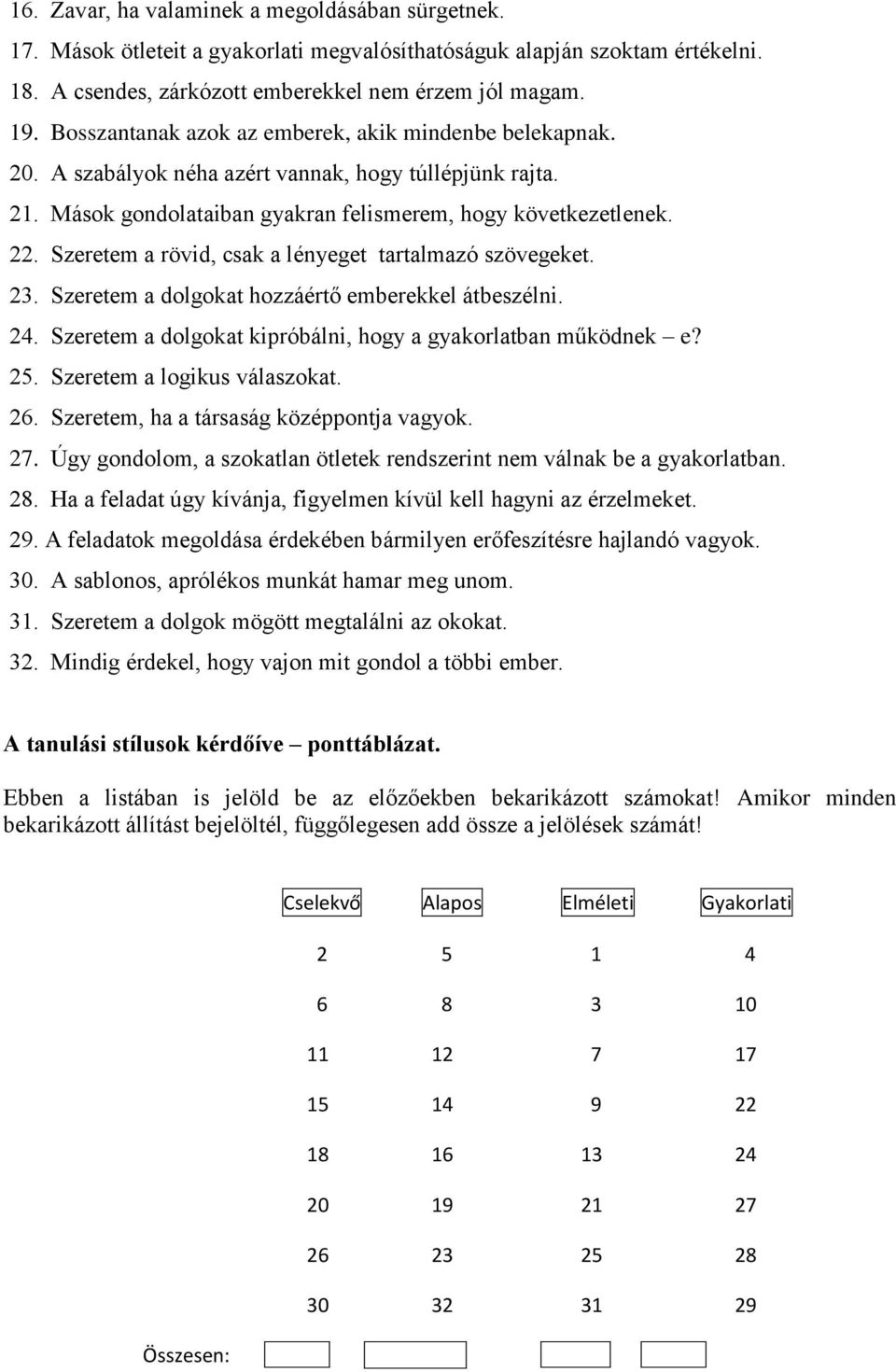 Szeretem a rövid, csak a lényeget tartalmazó szövegeket. 23. Szeretem a dolgokat hozzáértő emberekkel átbeszélni. 24. Szeretem a dolgokat kipróbálni, hogy a gyakorlatban működnek e? 25.