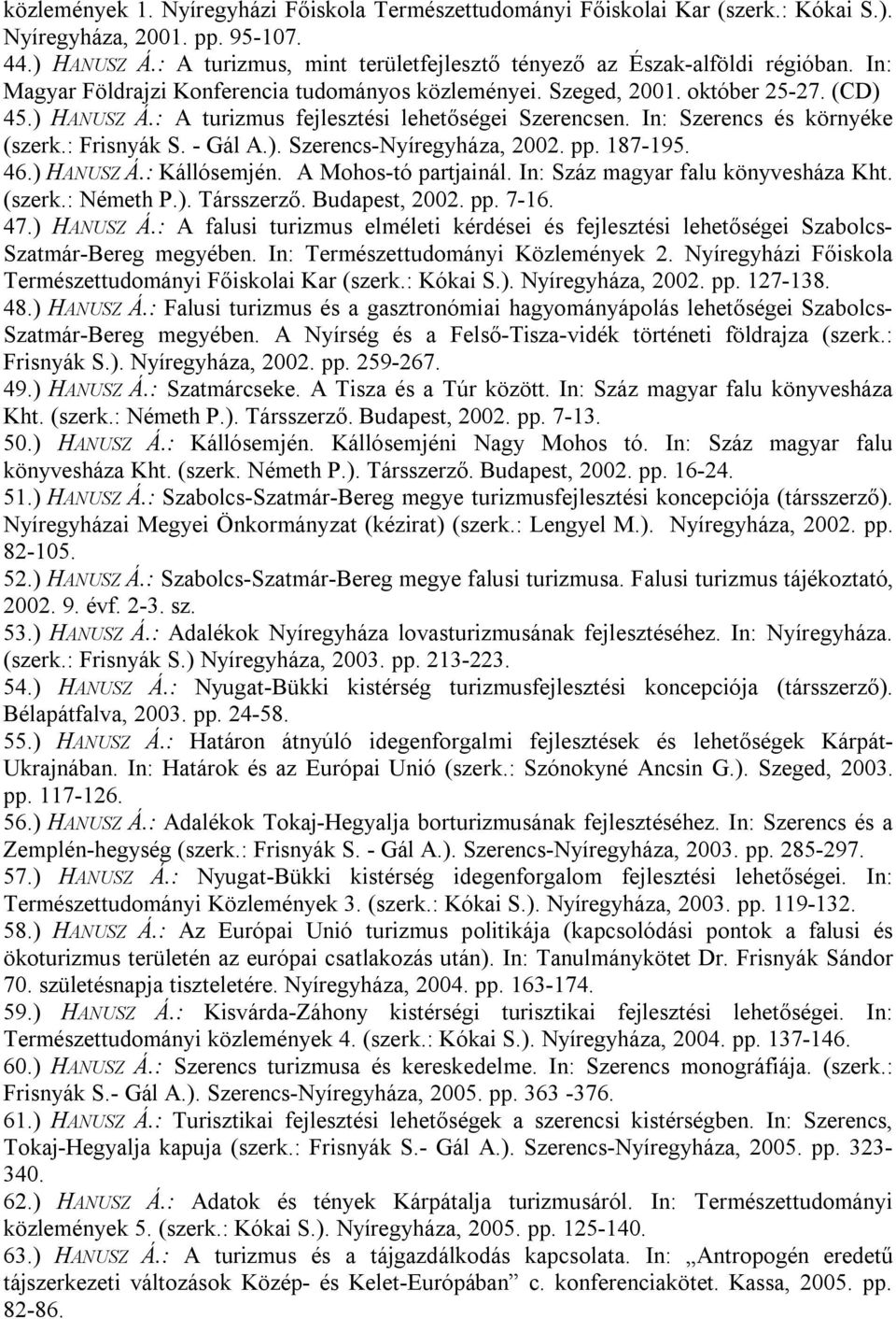 : A turizmus fejlesztési lehetőségei Szerencsen. In: Szerencs és környéke (szerk.: Frisnyák S. - Gál A.). Szerencs-Nyíregyháza, 2002. pp. 187-195. 46.) HANUSZ Á.: Kállósemjén. A Mohos-tó partjainál.