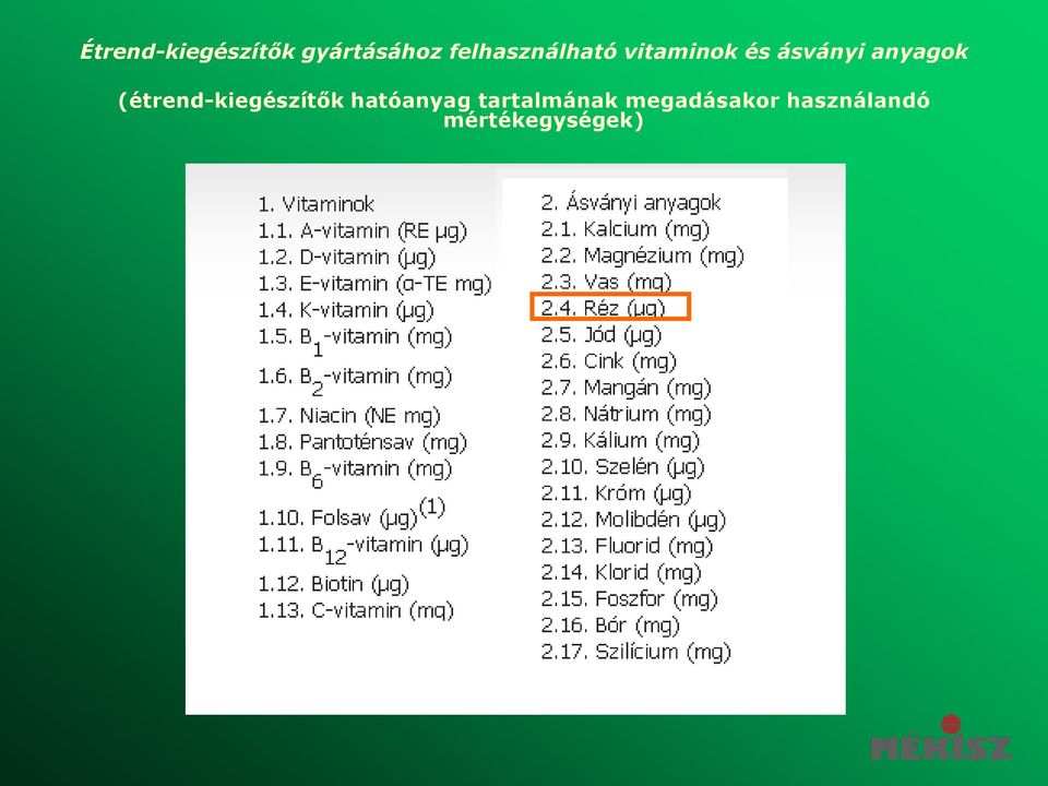 anyagok (étrend-kiegészítők hatóanyag