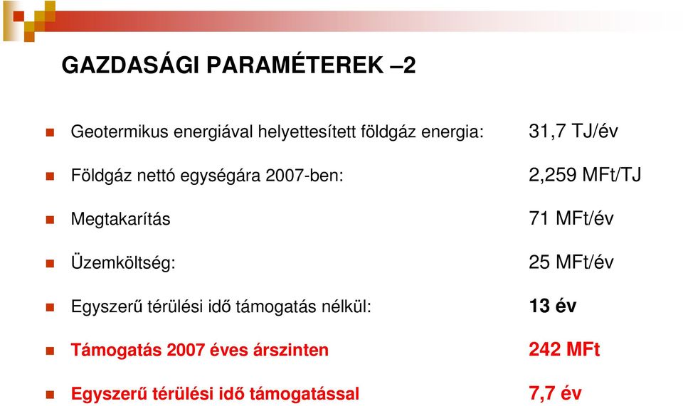 TJ/év 2,259 MFt/TJ 71 MFt/év 25 MFt/év Egyszer térülési id támogatás