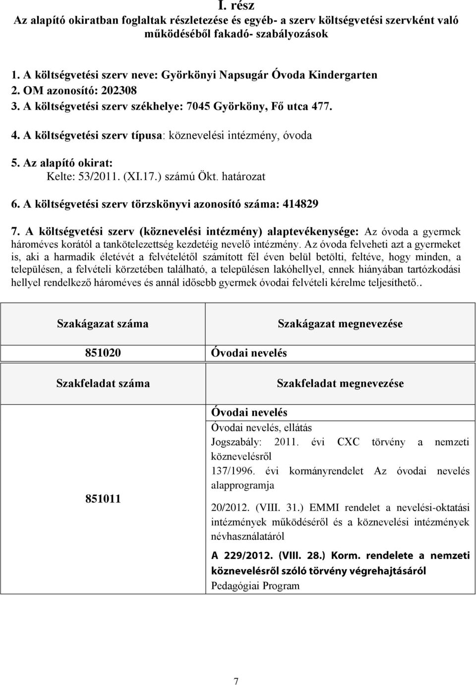 7. 4. A költségvetési szerv típusa: köznevelési intézmény, óvoda 5. Az alapító okirat: Kelte: 53/2011. (XI.17.) számú Ökt. határozat 6. A költségvetési szerv törzskönyvi azonosító száma: 414829 7.