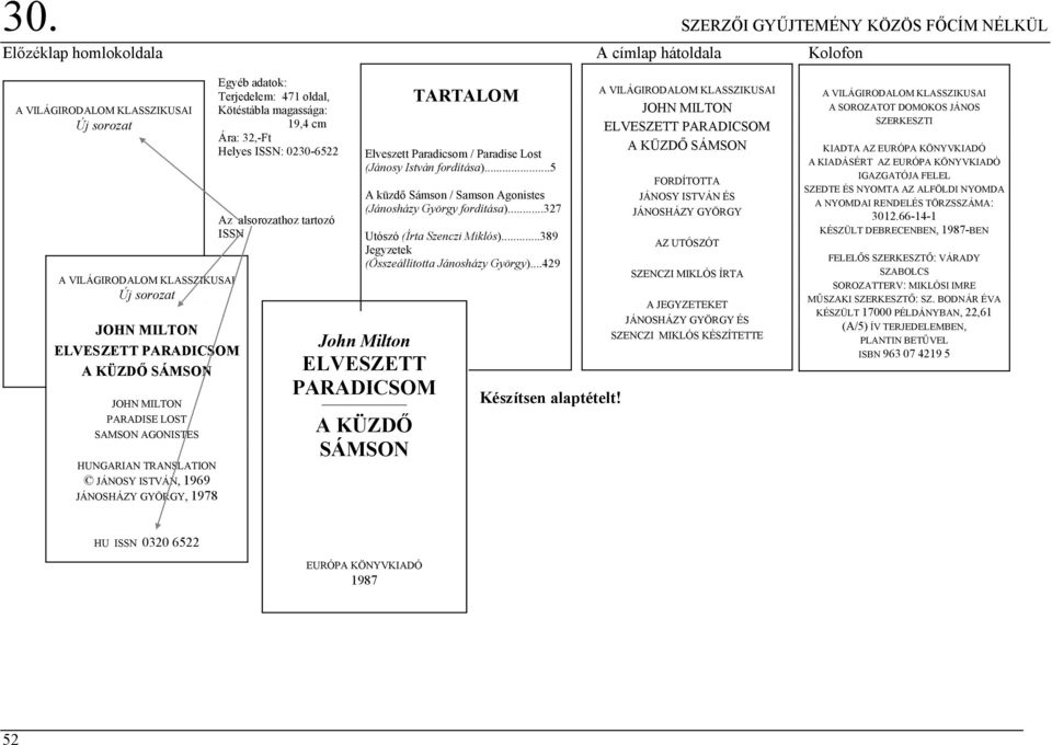 Helyes ISSN: 0230-6522 Az alsorozathoz tartozó ISSN TARTALOM Elveszett Paradicsom / Paradise Lost (Jánosy István fordítása)...5 A küzdő Sámson / Samson Agonistes (Jánosházy György fordítása).