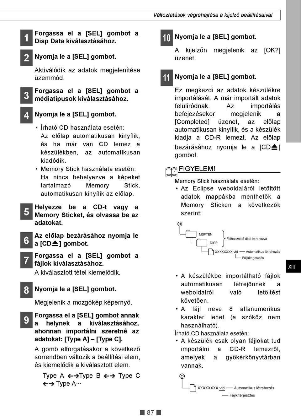 Memory Stick használata esetén: Ha nincs behelyezve a képeket tartalmazó Memory Stick, automatikusan kinyílik az előlap. Helyezze be a CD-t vagy a Memory Sticket, és olvassa be az adatokat.