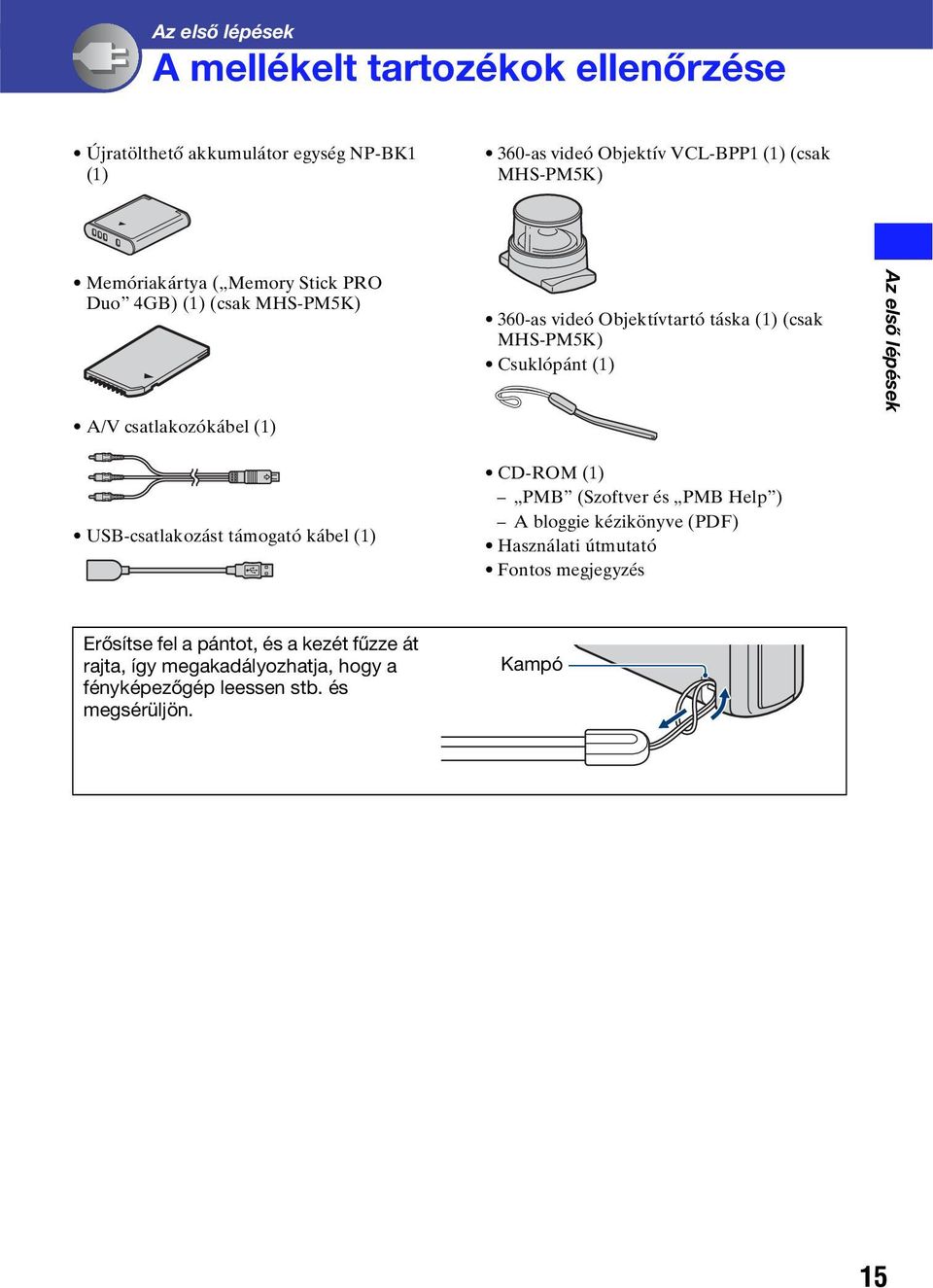 Csuklópánt (1) Az első lépések USB-csatlakozást támogató kábel (1) CD-ROM (1) PMB (Szoftver és PMB Help ) A bloggie kézikönyve (PDF) Használati
