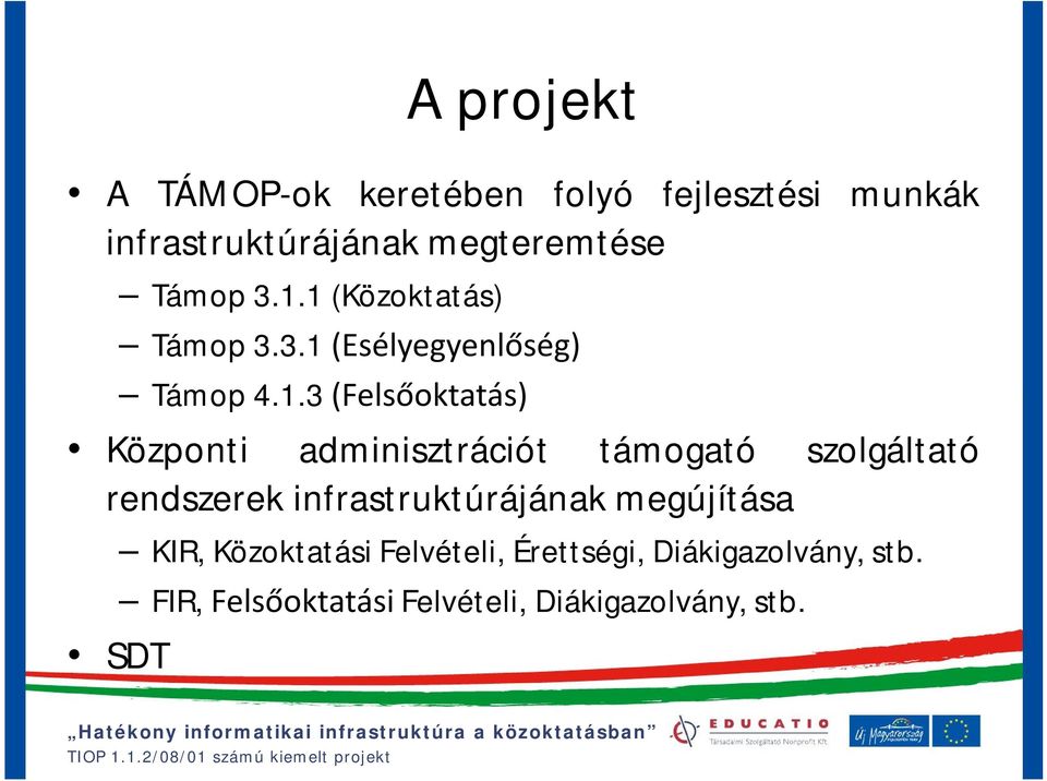 1 (Közoktatás) Támop 3.3.1 (Esélyegyenlőség) Támop 4.1.3 (Felsőoktatás) Központi